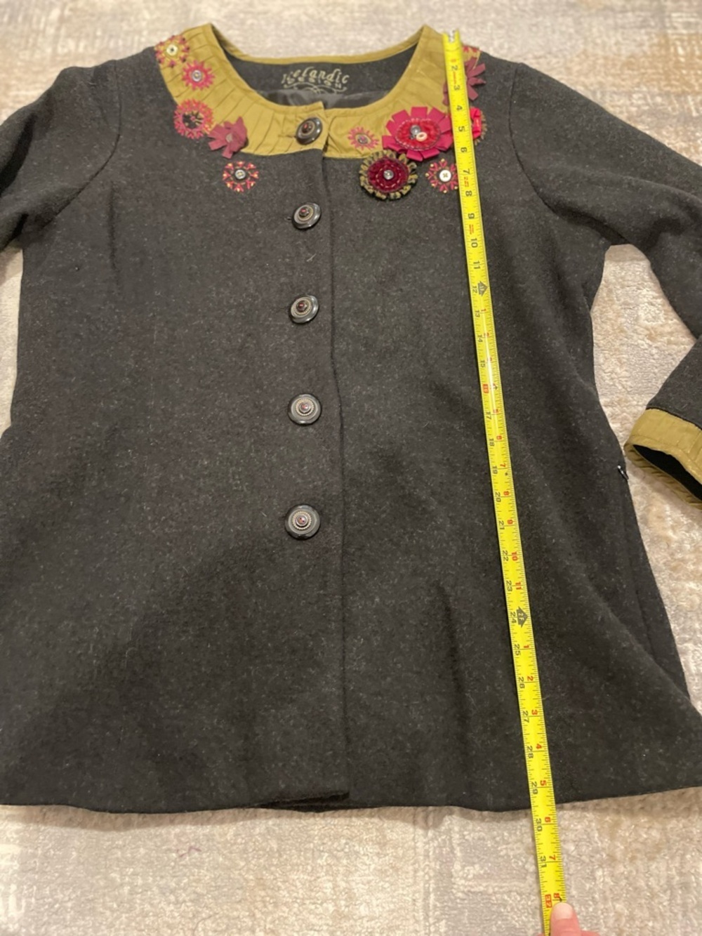 Icelandic Design Gray Silk Floral Applique Lined Wool Jacket Women's Size XL - Picture 10 of 14